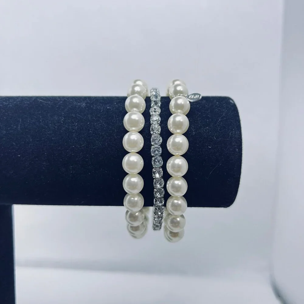 Lot Of 3 Roman Stretch Bracelets 2 Faux Pearl & 1 Silver Tone Rhinestone (5498) - Picture 1 of 6